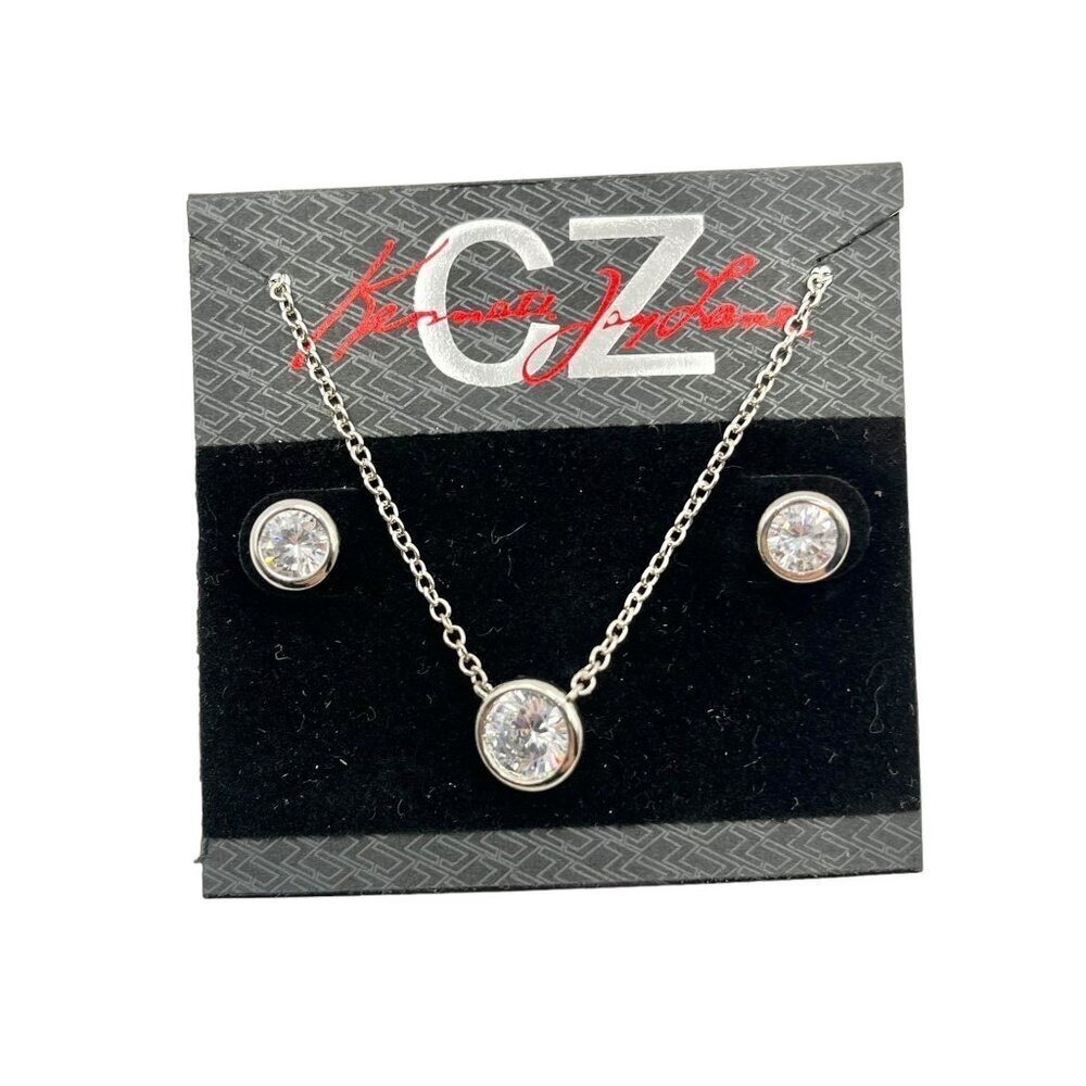 CZ By Kenneth Jay Lane Necklace Earring‎ Set Silver Tone Crystal Minimalist New